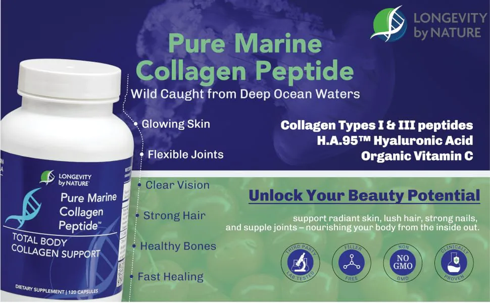 Longevity by Nature Pure Marine Collagen Peptide dietary supplement bottle with total body collagen support for glowing skin and flexible joints.