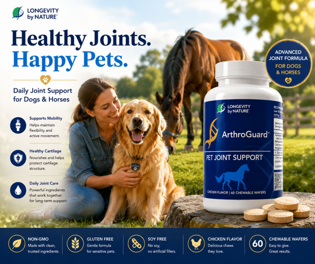 ArthroGuard Pet Joint Support supplement bottle with a happy dog and woman outdoors to promote healthy joints and mobility.