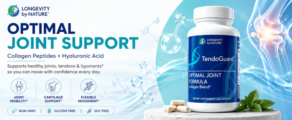 Infographic for TendoGuard Optimal Joint Formula by Longevity by Nature, highlighting joint, tendon, and ligament support with key ingredients like collagen, hyaluronic acid, elastin, and calcium.