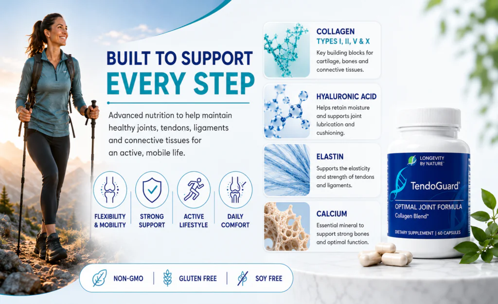 Infographic for TendoGuard Optimal Joint Formula by Longevity by Nature, highlighting joint, tendon, and ligament support with key ingredients like collagen, hyaluronic acid, elastin, and calcium.