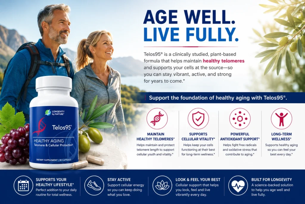 Longevity by Nature Telos95 supplement banner featuring an active older couple outdoors, highlighting healthy telomeres and long-term wellness.