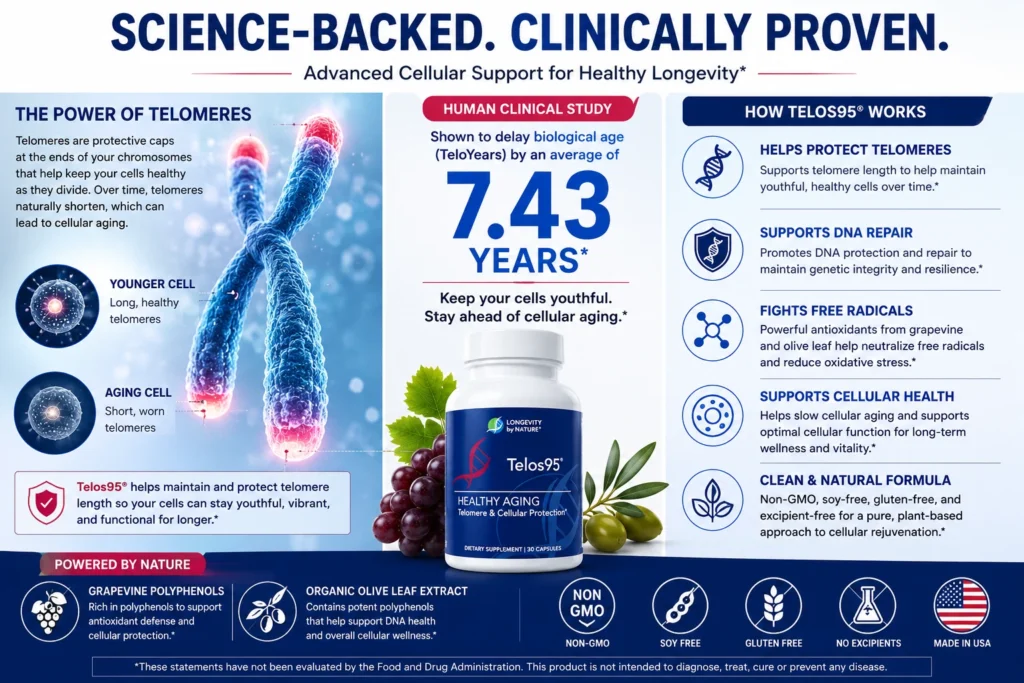 Alt Text: Science-backed Telos95 supplement info graphic by Longevity by Nature detailing human clinical study results showing a 7.43 years biological age delay.