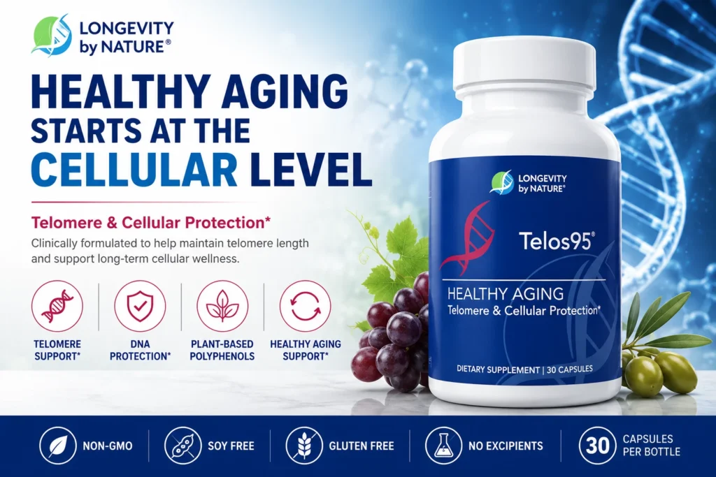 Longevity by Nature Telos95 dietary supplement bottle featuring healthy aging, telomere and cellular protection support.
