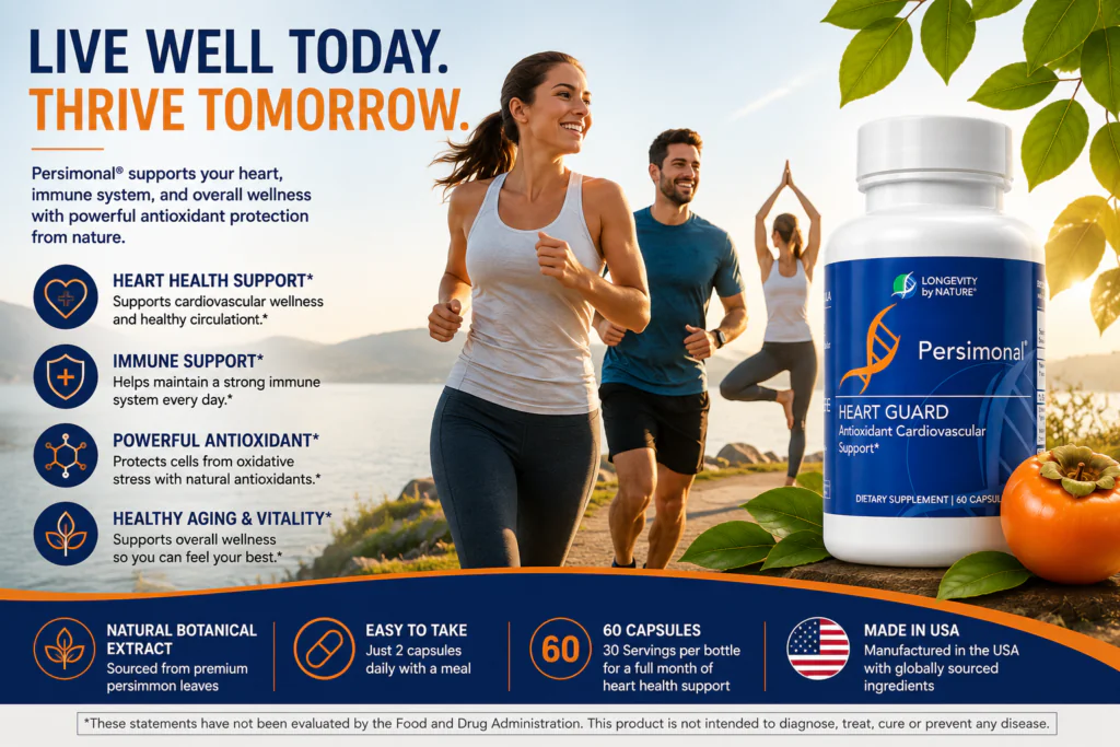 Persimonal Heart Guard supplement bottle highlighting heart health, immune support, and natural vitality.