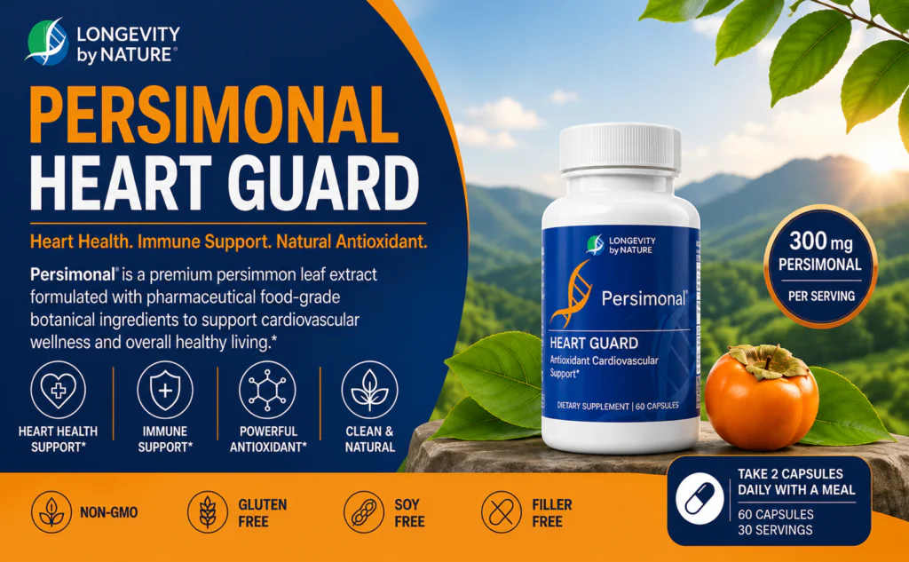 Persimonal Heart Guard dietary supplement bottle by Longevity by Nature with persimmon fruit and green leaves on a mountain background, offering heart health, immune support, and antioxidant benefits.