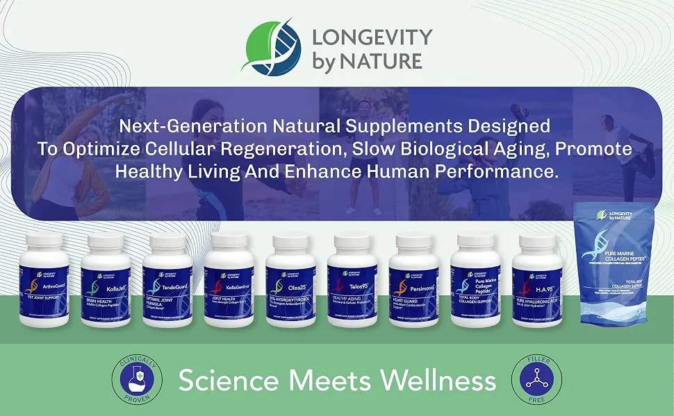 Next-generation natural supplements by Longevity by Nature designed for cellular regeneration, healthy aging, and human performance featuring various product bottles and pouches.