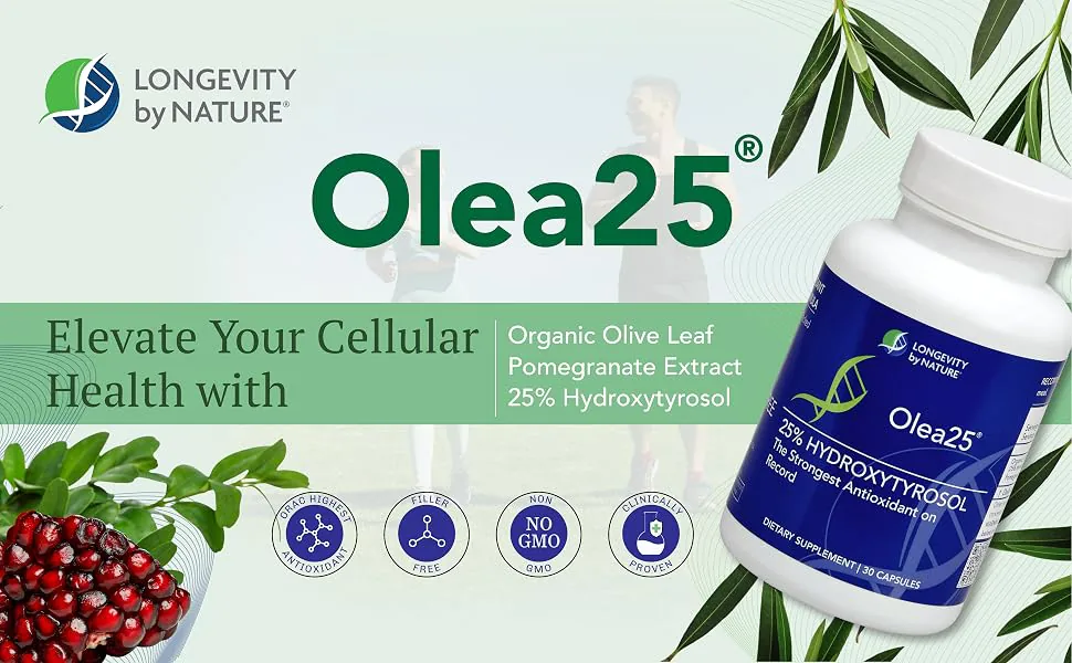 Olea25 supplement bottle by Longevity by Nature featuring organic olive leaf extract, pomegranate extract, and 25% hydroxytyrosol for cellular health.